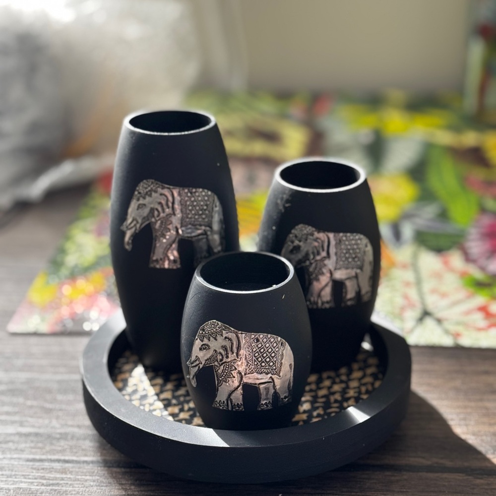Wooden Elephant Tealight Holder Set